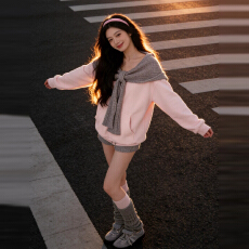 批发一字肩蝴蝶结粉色<b class='q'>连衣</b>裙子女秋冬季韩系卫衣短裤两件套<b class='q'>装</b>2026新款