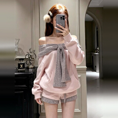 批发一字肩蝴蝶结粉色<b class='q'>连衣</b>裙子女秋冬季韩系卫衣短裤两件套<b class='q'>装</b>2026新款