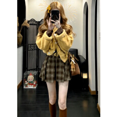 批发韩式搭配一整套冬装女学院风减龄<b class='q'>黄色</b>针织毛衣格纹百褶短裙两件套