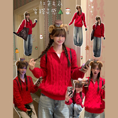 批发新年穿搭红色V领针织毛衣女秋冬爆款高级慵懒风宽松显瘦绝美上衣