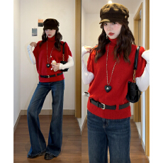 批发过年穿搭红色高领毛衣女秋冬2026新款慵懒高级感叠穿马甲上衣套装