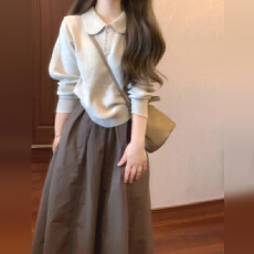 批发2025早秋新款日系高级感穿搭连衣裙子女灰色<b class='q'>针织衫</b>半身裙套装长裙