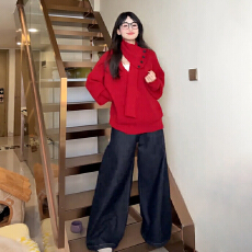 批发红色复古独特漂亮v领宽松设计感毛衣上衣女秋冬2025新款新年穿搭