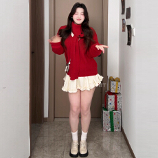 批发红色复古独特漂亮v领宽松设计感毛衣上衣女秋冬2025新款新年穿搭