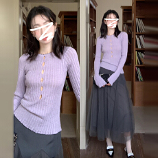 批发高级感紫色镂空针织衫2025早初秋新款女装设计感小众薄款长袖上衣