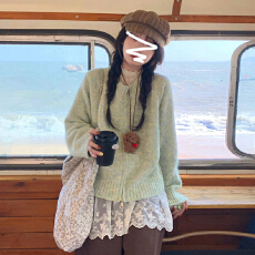 批发绿色毛衣<b class='q'>开衫</b>外套女秋冬季针织衫2025新款打底短上衣慵懒风高级感