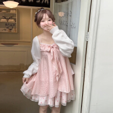 批发2026新款小个子粉色吊带连衣裙子<b class='q'>女</b>外搭针织开衫韩系早秋穿搭套装