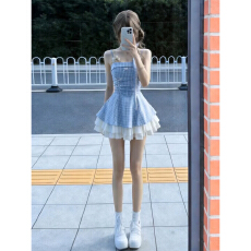 批发早春季法式挂脖吊带<b class='q'>连衣裙</b>子女夏2026新款巨好看气质格纹蓬蓬短裙