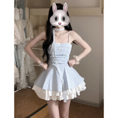 批发早春季法式挂脖吊带<b class='q'>连衣裙</b>子女夏2026新款巨好看气质格纹蓬蓬短裙