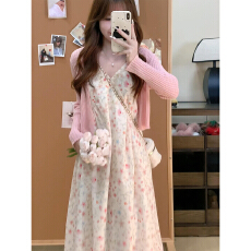 批发法式气质温柔碎花吊带<b class='q'>连衣裙</b>女2026春季新款早春漂亮粉色长裙套装