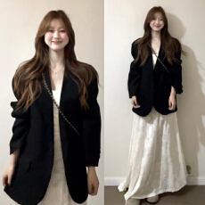 批发法式通勤风高级感穿搭套装气质显瘦黑色<b class='q'>西装</b>外套波点连衣裙两件套