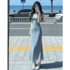 批发夏季新中式国风蓝色波点连衣裙子女2026新款修身收腰<b class='q'>包臀</b>旗袍<b class='q'>长裙</b>