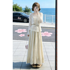 批发高级感法式甜美风长袖高腰A字裙两件套女夏气质高级感少女连衣裙