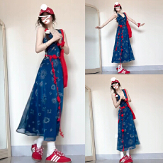 批发法式<b class='q'>复古</b>蓝色V领碎花连衣裙子女早春季2026新款海边度假收腰<b class='q'>长裙</b>