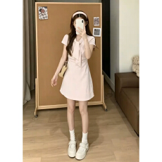 夏季海军领收腰短袖连衣裙女2026夏季新款A字长裙子掐腰修身显瘦