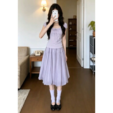 批发蕾丝紫色收腰显瘦套装长裙女夏季2026新款独特漂亮减龄一整套穿搭