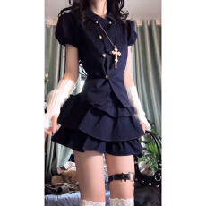 批发2026超火穿搭一整套女夏季新款巨好看娃娃领短袖<b class='q'>衬衫</b>蛋糕短裙套装