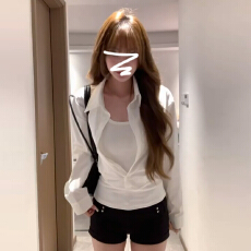 批发韩系白色假两件防晒衬衫女夏季设计感小个子收腰显瘦衬衣外套上衣