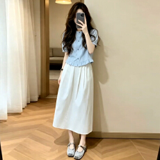 批发巨好看蓝色衬衫连衣裙女夏季2026新款爆款小个子绝美穿搭套装<b class='q'>长裙</b>