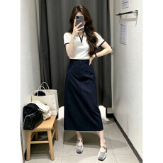 批发学院风韩系漂亮穿搭一整套女夏季翻领拉链短袖上衣<b class='q'>半身裙</b>子两件套