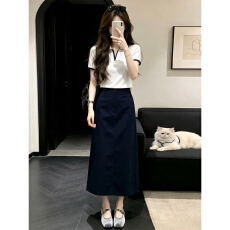 批发学院风韩系漂亮穿搭一整套女夏季翻领拉链短袖上衣<b class='q'>半身裙</b>子两件套