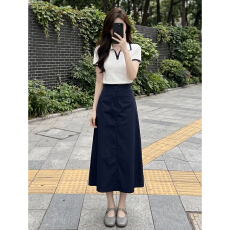 批发学院风韩系漂亮穿搭一整套女夏季翻领拉链短袖上衣<b class='q'>半身裙</b>子两件套
