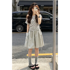 批发ins内搭休闲<b class='q'>短袖</b>收腰美式条纹斜肩上衣时尚百搭裙裤两件套女夏季