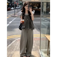 批发韩系巨好看夏日ootd穿搭一整套2026吊带短袖<b class='q'>上衣</b>女夏季阔腿<b class='q'>裤</b><b class='q'>套装</b>