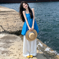 批发2026新款韩系设计感蓝色花苞吊带背心女夏季宽松休闲<b class='q'>裤</b>阔腿<b class='q'>裤</b><b class='q'>套装</b>