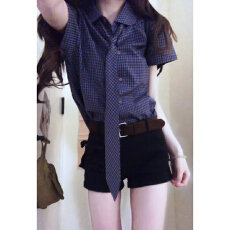 批发韩系高级感复古蓝色polo领<b class='q'>衬衫</b>夏季新款巨好看减龄洋气漂亮上衣女