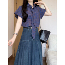 批发韩系高级感复古蓝色polo领<b class='q'>衬衫</b>夏季新款巨好看减龄洋气漂亮上衣女