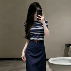 批发2026新款韩系穿搭套装连衣裙子女夏季条纹短袖上衣半身长裙两件套