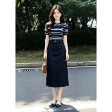 批发2026新款韩系穿搭套装连衣裙子女夏季条纹短袖上衣半身长裙两件套