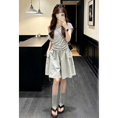 批发ins内搭休闲<b class='q'>短</b>袖收腰美式条纹斜肩上衣时尚百搭裙裤两件套女夏季