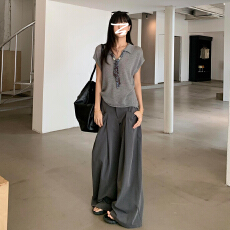 批发高智感灰色polo衫针织短袖女夏季丝巾翻领正肩t恤宽松气质<b class='q'>上衣</b>ins