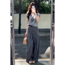 批发高智感灰色polo衫针织短袖女夏季丝巾翻领正肩t恤宽松气质<b class='q'>上衣</b>ins