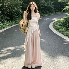 批发巨好看ootd穿搭一整套2026新款粉色条纹<b class='q'>上衣</b>女夏季阔脚<b class='q'>裤</b><b class='q'>两件套装</b>