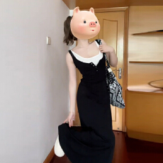 批发黑色撞色<b class='q'>假两件</b>吊带<b class='q'>连衣裙</b>子女夏季小个子高级感收腰显瘦气质长裙