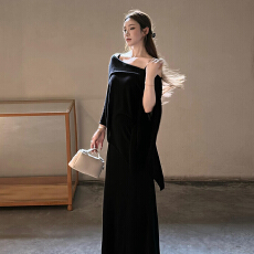 批发法式赫本风黑色<b class='q'>一字肩</b><b class='q'>连衣裙</b>子女早春季2026新爆款巨好看长裙套装