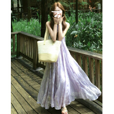 批发紫色绝美鸢尾花无袖连衣裙女2026<b class='q'>夏季</b>法式气质超仙薄纱度假风长裙