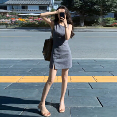 批发法式灰色无袖背心<b class='q'>连衣裙</b>子女夏季2026超火新款小个子收腰包臀短裙