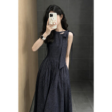 批发法式蝴蝶结飘带无袖背心格子<b class='q'>连衣裙</b>女夏季2026新款超好看精美长裙