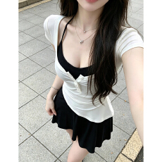批发短袖T恤挂脖吊带连衣裙子女<b class='q'>夏</b>季2026新款巨好看穿搭一整套装短裙