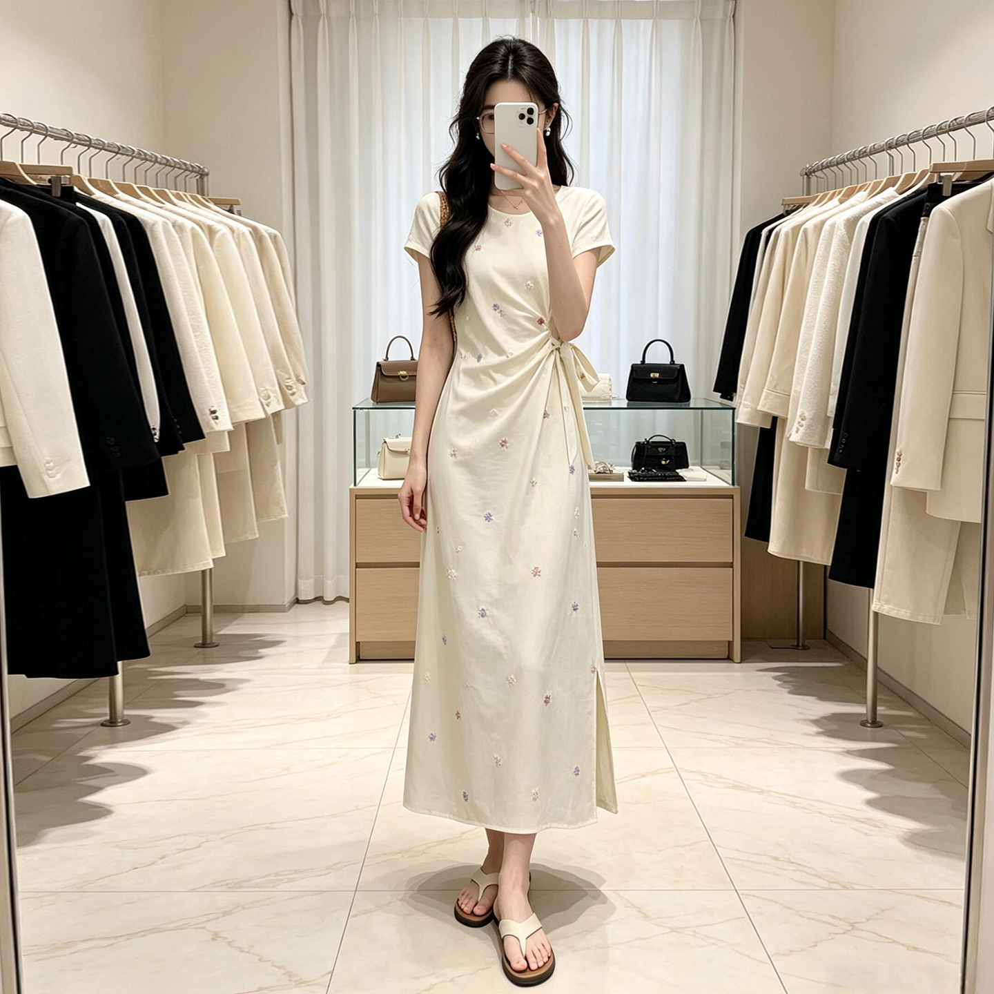 法式气质白色短袖碎花连衣裙子女...