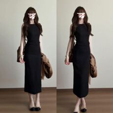 批发法式赫本风收腰气质长裙女<b class='q'>夏</b>季老钱风高质感黑色无袖背心连衣裙子