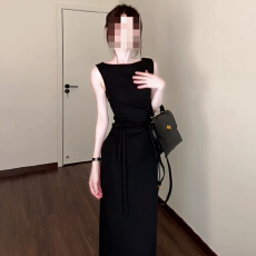 批发法式赫本风收腰气质长裙女<b class='q'>夏</b>季老钱风高质感黑色无袖背心连衣裙子