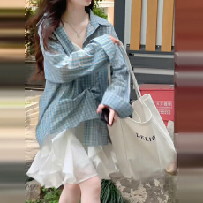 批发蓝色格子防晒长袖衬衫女装<b class='q'>夏季</b>2026新款薄款早秋衬衣法式上衣<b class='q'>外套</b>