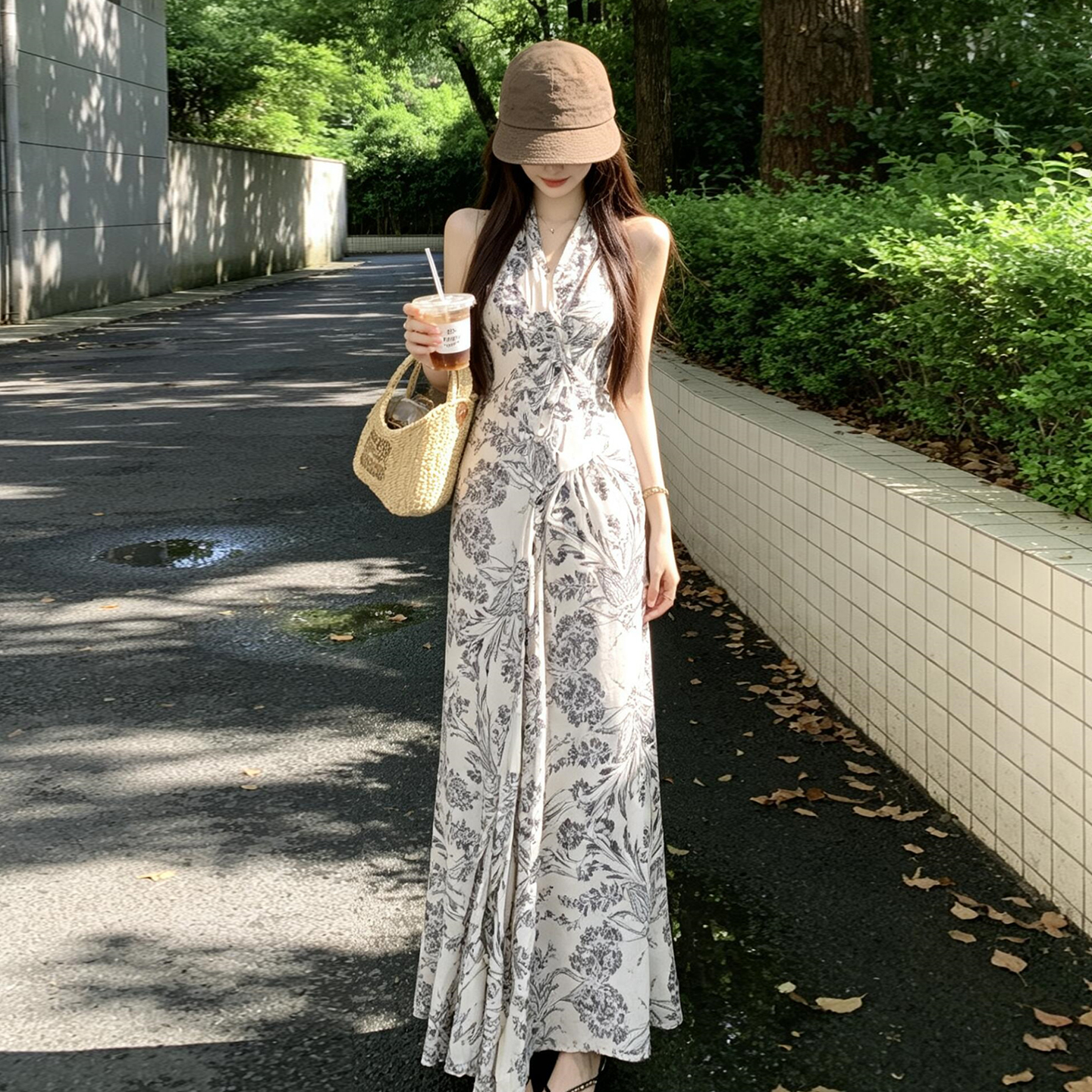 新中式水墨画无袖挂脖连衣裙子女...