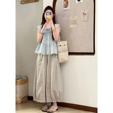 批发夏日ootd穿搭套装2026新款韩系独特漂亮蓝色短袖上衣<b class='q'>碎花</b>阔腿裤子
