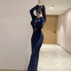 批发法式长袖针织连衣裙子女早秋季2026新款气质修身<b class='q'>显瘦</b>内搭包臀长裙